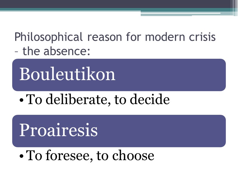 Philosophical reason for modern crisis – the absence: